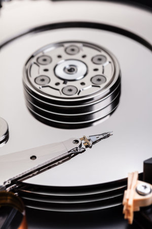 Disassembled computer hard disk memory close-up