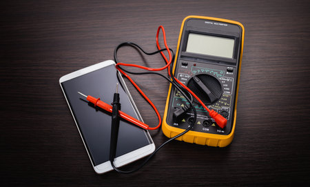 mobile phone and tool on wooden background