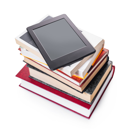 electronic and paper books on white isolated backgroundの写真素材