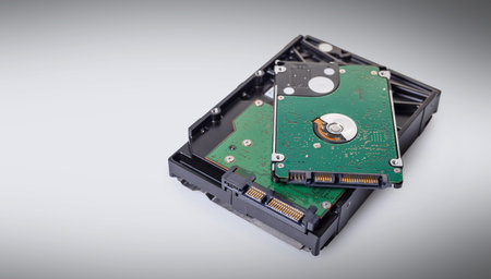 computer hard drive closeup on light background