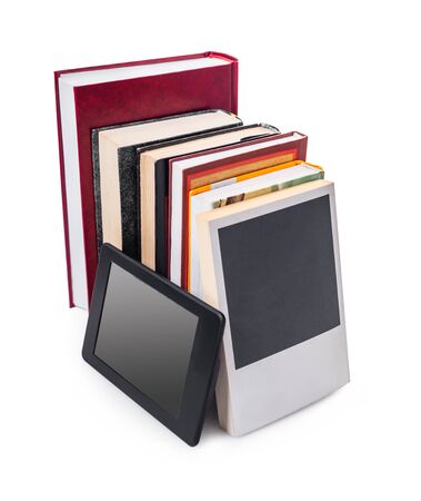 electronic and paper books on white isolated backgroundの写真素材