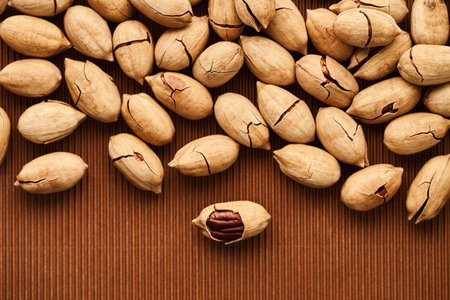 fresh pecan nut close-up on a brown background                               