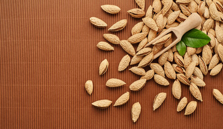 fresh almond nut close-up on a brown background                               
