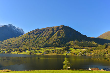 Norwegian landscape, view of the lake and mountains
