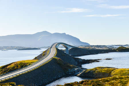 Norwegian landscape, view of the bridge over the lakeの写真素材