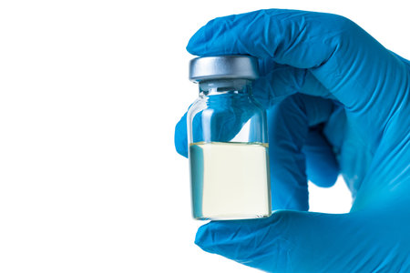 liquid drug or vaccine for treatment flu in the hand, white isolated background