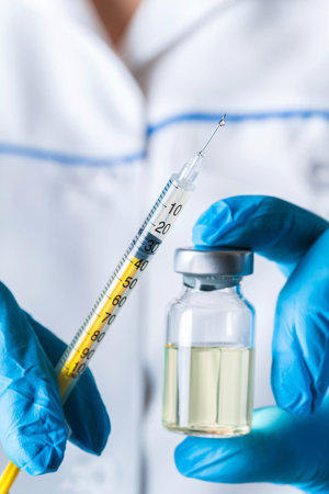liquid drug or vaccine for treatment, flu in the hand of the doctor close-up