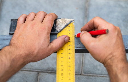 man measures metal with a ruler for cutting, hands close-upの写真素材