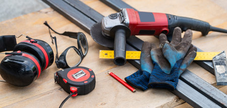 Circular saw and hand tools on wooden background