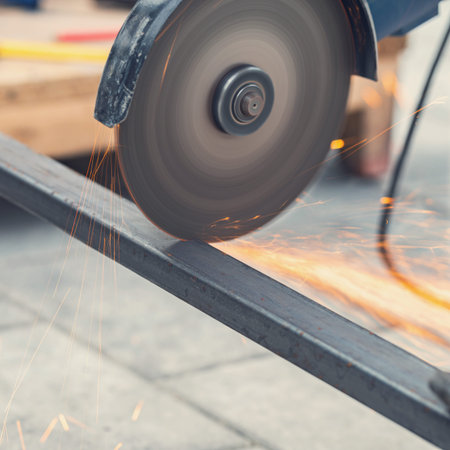 working with a circular saw cutting metal close-up