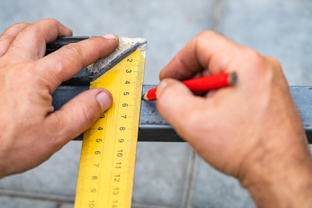 man measures metal with a ruler for cutting, hands close-upの写真素材