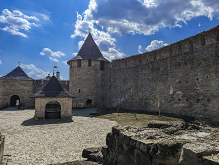 view of an ancient stone fortress with a towerのeditorial素材