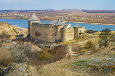 Khotyn, Ukraine - March 29, 2022: view with Khotyn Fortress, fortification complex in Khotyn townのeditorial素材