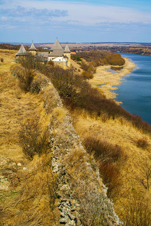 Khotyn, Ukraine - March 29, 2022: view with Khotyn Fortress, fortification complex in Khotyn townのeditorial素材