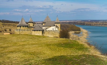 Khotyn, Ukraine - March 29, 2022: view with Khotyn Fortress, fortification complex in Khotyn townのeditorial素材