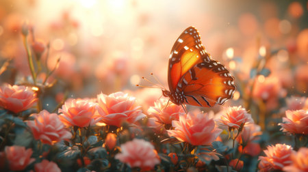 butterflies in blooming flowers realistic illustration, floral backgroundの素材
