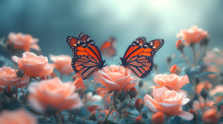 butterflies in blooming flowers realistic illustration, floral backgroundの素材