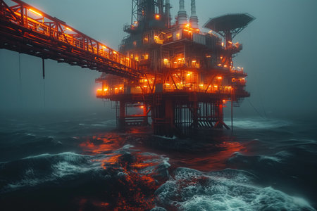 offshore oil platform in storm, realistic illustrationの素材