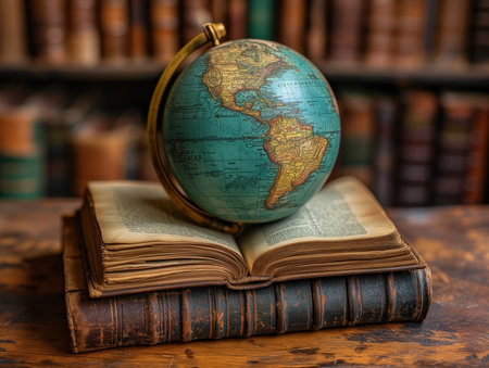 vintage academic books closeup, realistic illustrationの素材