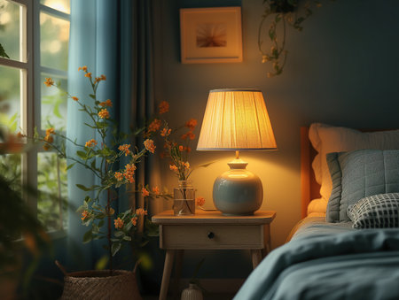 bedside table in bedroom interior, realistic illustrationの素材