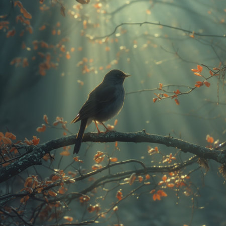forest bird in the sun's rays, realistic illustrationの素材