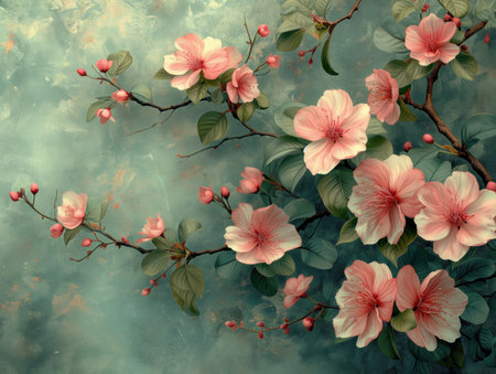 blooming flowers realistic illustration, floral backgroundの素材