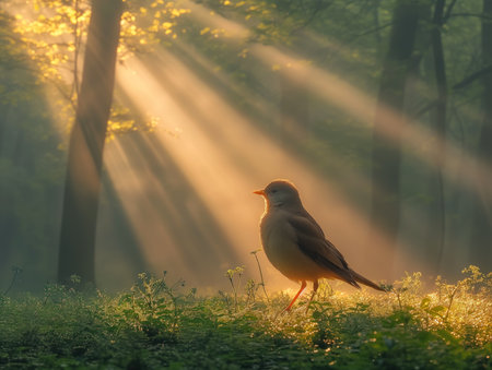 forest bird in the sun's rays, realistic illustrationの素材