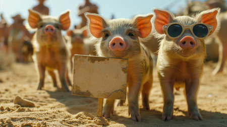 funny piglets on the beach, realistic illustrationの素材