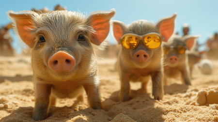funny piglets on the beach, realistic illustrationの素材