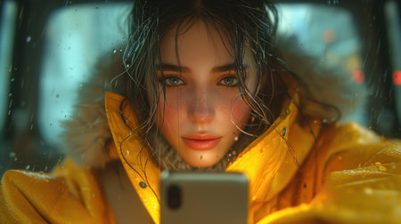 portrait of woman with phone, realistic illustrationの素材