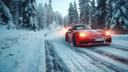 sports red car on a snowy road, realistic illustrationの素材