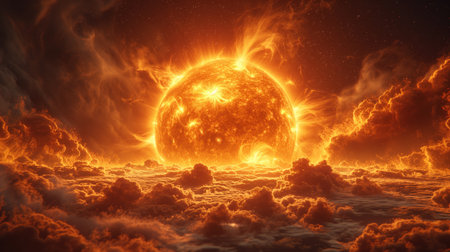 huge sun with clouds, realistic illustrationの素材