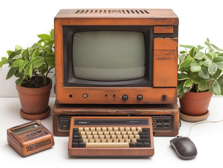 vintage computer on white background, realistic illustrationの素材
