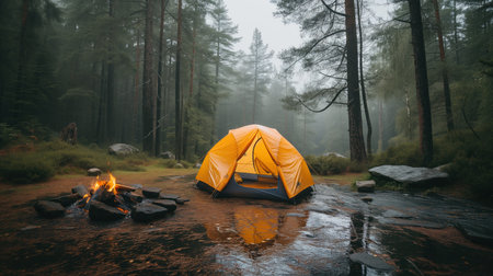 tourist tent in the forest, realistic illustrationの素材