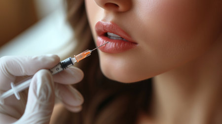 female lips close up cosmetic injections, realistic illustrationの素材