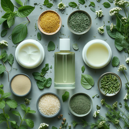 cosmetics tea tree ingredients top view, realistic illustrationの素材