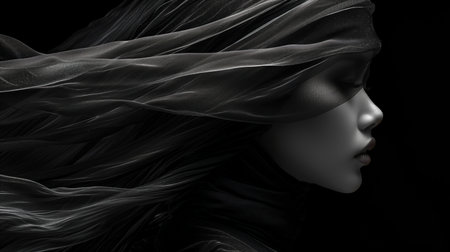 woman in profile black monochrome, realistic illustrationの素材