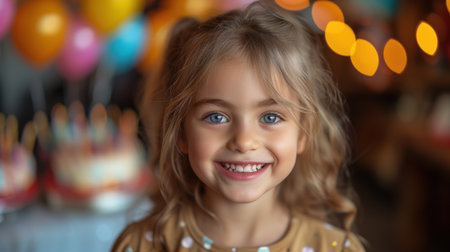 happy girl with birthday cake, realistic illustrationの素材