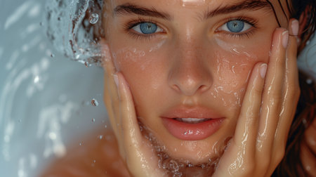 young woman washing her face, realistic illustrationの素材