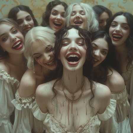 group of young witches, coven on Halloweenの素材