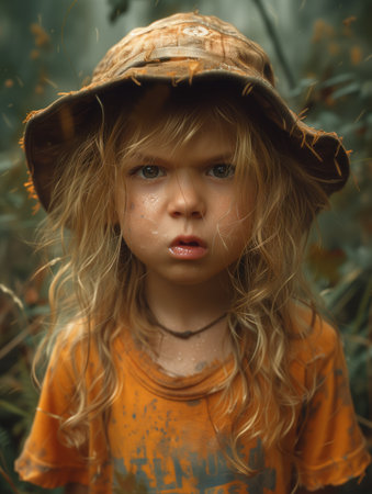 portrait of a funny curly-haired child, realistic illustrationの素材