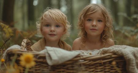 cute children in the forest, realistic illustrationの素材