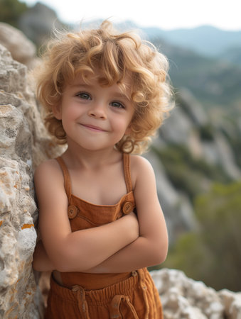 portrait of a funny curly-haired child, realistic illustrationの素材