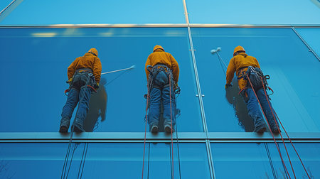 skyscraper window cleaner at work, realistic illustrationの素材