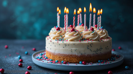 cake with burning candles dark background, realistic illustrationの素材