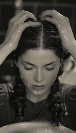 portrait of a pretty girl washing her hair, close-up illustrationの素材