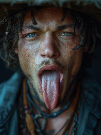 portrait of a crazy man showing his tongueの素材