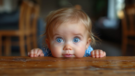 portrait of a child peeking out from behind the tableの素材