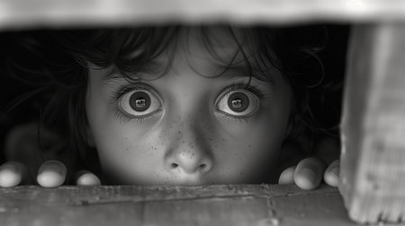 portrait of a frightened child peeking between the boardsの素材