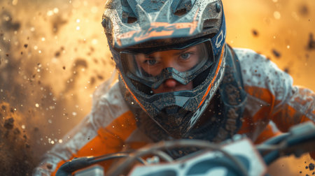 portrait of a sport motorcycle racer in a helmet, close-upの素材